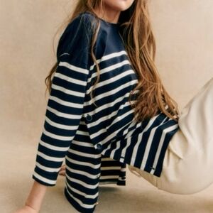 Sezane Navy and White Striped Long Sleeve Top